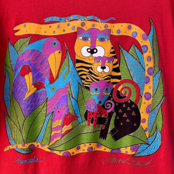 Vintage Laurel Burch Red Animalia Short Sleeve Tee OS M Single Stitch 90s Y2K - Picture 3 of 8
